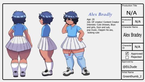 1boy alex_(eildude) ass big_ass big_penis black_eyes black_hair character_sheet clothed dark-skinned_femboy dark-skinned_male dark_skin femboy femboy_focus femboy_only greenthumb_2 huge_ass huge_cock male oc original_character penis short_hair skirt smile solo solo_focus solo_male stockings thick thick_ass thick_thighs