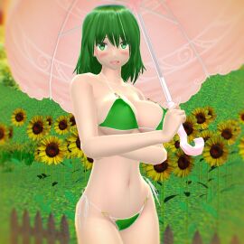 1girls 2024 3d bikini blush female grass green-haired_female green_bikini green_eyes hati_yukkuri_mmd humanoid light-skinned_female light_skin looking_at_viewer mmd phantasmagoria_of_flower_view solo_female solo_focus sunflower swimsuit touhou umbrella white_string_bikini wooden_fence youkai yuuka_kazami