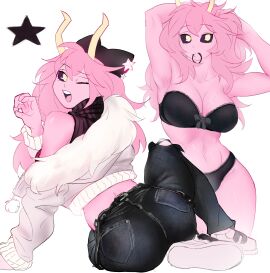 abs armpits arms_behind_head arms_up ass ass_focus back belly belly_button black_sclera boku_no_hero_academia bra breasts cleavage denim fit fit_female hat hips holic_fz jacket jeans lace-trimmed_bra lace-trimmed_panties lace_trim large_breasts lower_back mina_ashido my_hero_academia open_mouth panties pose posing posing_for_the_viewer post-timeskip ribbon ripped_jeans sneakers thick_thighs thighs tight_clothing tight_jeans toned toned_female underwear wide_hips wink winking_at_viewer yellow_eyes yellow_horns