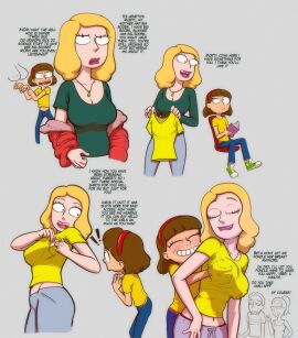 2girls annoyed beth_smith blonde_hair breast_grab breasts brown_hair dialogue drockdraw female female/female green_shirt incest jerry_smith large_breasts looking_at_another morticia_smith mother_and_daughter rick_and_morty summer_smith yellow_shirt yuri