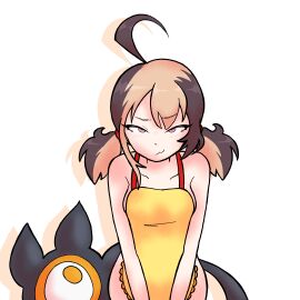 ahoge apron apron_only blonde_hair blush brown_hair diddlesdoodles female_only gigi_murin gremlin hololive hololive_advent hololive_english monster_girl naked naked_apron oerba_yun_fang pink_eyes short_girl smug smug_expression smug_face smug_grin smug_smile twintails yuri