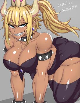 1girls ass black_stockings blonde_hair blue_eyes bowsette breasts clothed_female crown dark-skinned_female dark_skin eyelashes female horns image looking_at_viewer mario_(series) muscular muscular_female nintendo on_all_fours purple_ear_ring sharp_teeth slit_pupils spiked_armlets spiked_bracelets spiked_collar teeth zokusuke