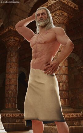 1boy 1human 3d 3d_(artwork) 3d_model beard cd_projekt_red darknessringo geralt_of_rivia indoors male male_focus male_only masculine nonsexual relaxing scars_on_body solo solo_focus solo_male the_witcher_(series) towel_only white_hair yellow_eyes