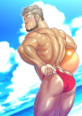 1boy 2010 arm_hair armpit_hair ass back_view ball_(object) beach beach_ball beard big_ass black_hair blush butt_crack galeoria_(pixiv) gay hairy_legs kossori_ekaki_gareo looking_at_viewer looking_back male male_only original red_speedo solo speedo tan_skin tanline wet yaoi