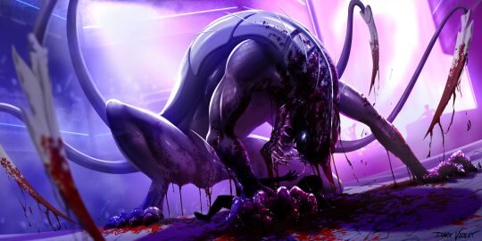 2025 2:1 absurd_res blue_sclera bodily_fluids claws dark_violet digital_media_(artwork) female feral front_view genital_fluids genitals gore grey_body hi_res inside khanivore love_death_+_robots monster multi_tail netflix open_mouth pussy saliva solo tail teeth vaginal_fluids