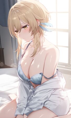 bed bedroom big_breasts blonde_hair blush bra breasts busty cleavage female female_only genshin_impact large_breasts light-skinned_female light_skin lumine_(genshin_impact) morning on_bed pajamas seductive strap_slip window