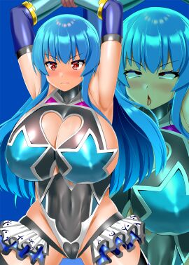 1girls ahe_gao armpits arms_above_head arms_tied blue_hair breasts cleavage_cutout female flustered honda_takaharu huge_breasts pixiv_link red_eyes solo solo_female tagme taimanin_suit tenshi_hinanawi tied_up touhou