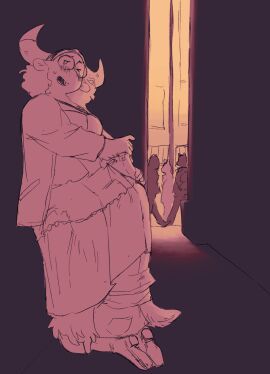 2024 alley anthro big_horn blush bovid bovine cattle clothing crown digital_drawing_(artwork) digital_media_(artwork) dress duo_focus eyewear glasses group headgear hi_res horn kneeling looking_pleasured mammal millke_(millkefats) millkefats open_mouth sex sex_under_clothing stealth_sex tail tiara trans_woman transfem under_dress