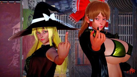 3d ass bimbo bimbo_body breasts female huge_ass huge_breasts marisa_kirisame midriff motor_okaki navel reimu_hakurei thick_thighs touhou wide_hips