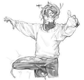 1boy bulge bulge_through_clothing cute_male english_text large_penis looking_at_penis male_focus monochrome