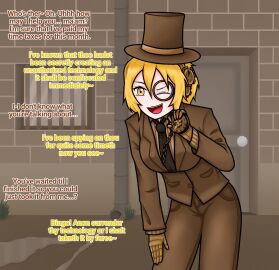 1other ambiguous_gender blonde_female blonde_hair dialogue don_quixote_(limbus_company) female kreky limbus_company monocle one_eye_closed project_moon stopwatch t_corp_(identity)_(project_moon) text time_stop top_hat