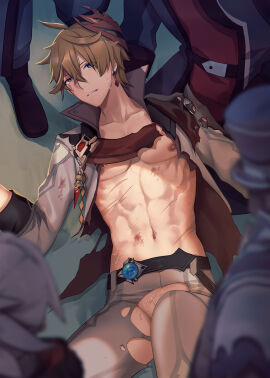 5boys abs blue_eyes childe_(genshin_impact) earrings gay genshin_impact gloves grey_pants grey_shirt hair_between_eyes highres jewelry kokuka_gnsn long_sleeves male male_focus mask mask_on_head multiple_boys multiple_males muscular muscular_male nipples orange_hair pants scar shirt single_earring tartaglia_(genshin_impact) torn_clothes torn_pants vision_(genshin_impact)