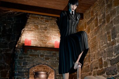 1boy 1girls 3d black_dress black_hair blender cfnm clothed_female clothed_female_nude_male dick enigmaj female female_foot foot_on_penis fortnite jenna_ortega light-skinned_male nude nude_male penis wednesday_addams