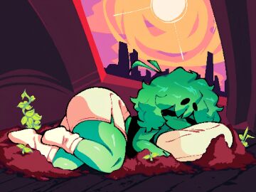 1girl 1girls ai_upscaled ass closed_eyes colored_skin female full_body green_hair green_skin indoors lying on_side peaf_(artist) peeeeeeeeeeaf pillow plant shirt shorts sleeping socks solo sun thick_eyebrows upscaled white_shorts white_skirt white_socks window