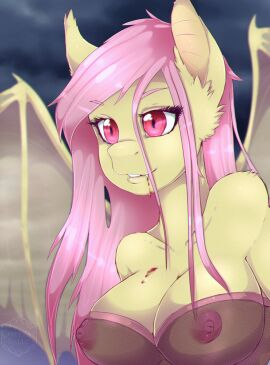 2016 anthro anthrofied areola bat_pony bat_wings bodily_fluids breasts bust_portrait cheezayballz clothing cute_fangs equid female flutterbat_(mlp) fluttershy_(mlp) friendship_is_magic fur hair hasbro hi_res long_hair mammal membrane_(anatomy) membranous_wings my_little_pony nipples outside pink_eyes pink_hair portrait solo translucent translucent_clothing vampire wings
