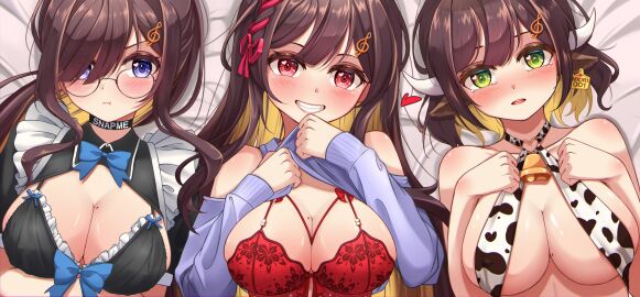 3girls alternate_costume blue_eyes blush bunkinspice choker cow_print cow_print_bikini female female_focus female_only glasses green_eyes lingerie lingerie_only miori_celesta musical_note_hair_ornament red_eyes take_your_pick virtual_youtuber