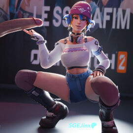 1boy 1girls 3d antifragile_kira-kira asian_female big_penis blender blender_cycles blue_hair blurred_background boots bracelet bracelets brown_eyes choker clothed clothed_female female hat headphones headphones_around_neck highres jeans jeans_shorts kiriko_(overwatch) kiriko_kamori kunai le_sserafim light-skinned_female light-skinned_male light_skin lighting looking_at_viewer male multicolored_hair overwatch overwatch_2 paid_reward paid_reward_available paid_sex patreon_logo patreon_username penis poster ripped_pants sgejinx_(artist) shirt shoes short_hair shorts smiling stockings straps straps_across_chest touching_penis twitter_username white_male