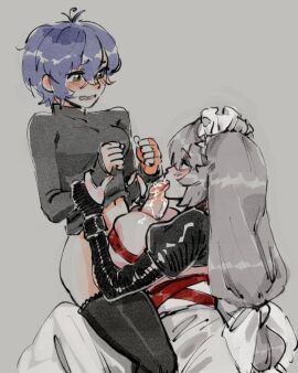 1futa 1girls alexandrina_sebastiane belle_(zenless_zone_zero) breasts drooling_on_penis female futa_on_female futanari green_eyes huge_breasts intersex large_penis maid maid_headdress maid_uniform paizuri penis prostitution purple_hair sweeter_kiwiis white_hair zenless_zone_zero