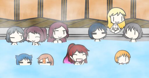 6+girls bioluminiscence_(artist) blonde_hair blue_hair chibi chibi_style closed_eyes crossed_legs female grey_hair hand_up long_hair mob_face multiple_females multiple_girls onsen open_mouth orange_hair original original_character outdoors ponytail pool red_hair short_hair sitting steam walfas walfas_(software) water