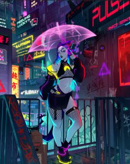 building city_background cyberpunk female graffiti neon_lights rain solo umbrella