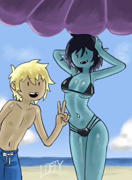 1boy 1girls adventure_time armpits arms_up beach bikini bikini_top cartoon_network cleavage duo duo_focus fangs female finn_the_human glistening lofty_(artist) male marceline photo pose seaside short_hair signature standing swimming_trunks swimsuit teeth thighs tongue v_sign vampire vampire_girl warner_brothers