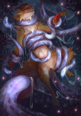 anthro aroused bedroom_eyes blue_eyes blush bodily_fluids bound canid canine canis claws digital_drawing_(artwork) digital_media_(artwork) digitigrade dripping fewiesh fluffy fluffy_tail hi_res horn imminent_sex lifted looking_pleasured male mammal narrowed_eyes night outdoor_nudity outside pawpads paws plant pora restrained saliva seductive signature solo suggestive tail teeth tentacle tree wolf