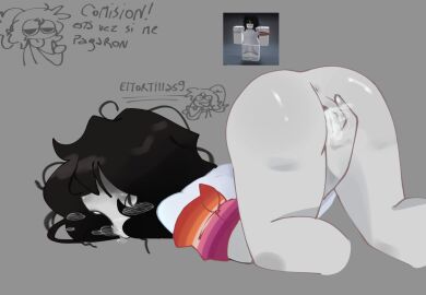 1girls anus ass ass_up black_hair bottomless commission eltortillas9 eltortillas_(artist) female fingering_self grey_skin lesbian_pride_colors on_knees open_mouth pussy reference_image roblox roblox_avatar robloxian simple_background tagme white_shirt white_skin