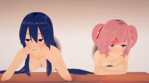 2girls 3d bent_over doggy_style doki_doki_literature_club ecxreaper female female_only free_use glory_hole glory_wall human human_only light-skinned_female light_skin multiple_females multiple_girls natsuki_(doki_doki_literature_club) stuck_in_wall yuri_(doki_doki_literature_club)