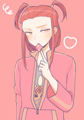 androgynous blush condom_in_mouth feminine_male gyakuten_saiban looking_at_viewer male male_focus male_only red_hair simeon_saint simple_background suggestive yellow_eyes