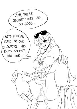 1girls bag biku blush breasts dress dress_lift english_text female footwear long_hair looking_at_viewer open_mouth original original_character panties panty_pull peeing pussy scat secret solo speech_bubble spread_legs sunglasses sunglasses_on_head sweat underwear