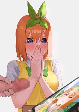 1boy 1girls 2d after_ejaculation amog bad_id bad_pixiv_id blue_eyes blush bob_cut bow breasts censored collared_shirt commentary_request cum cum_on_object cum_on_picture cum_on_portrait cum_tribute cum_tributes female go-toubun_no_hanayome green_bow green_hairband green_ribbons hair_between_eyes hair_ribbon hairband hands_on_own_face highres juxtaposition large_breasts male male_masturbation masturbation medium_hair mosaic_censoring nakano_yotsuba orange_hair own_hands_clasped own_hands_together penis photo_(object) ribbon school_uniform shirt short_hair simple_background sweater sweater_vest white_background white_shirt yellow_sweater yellow_sweater_vest