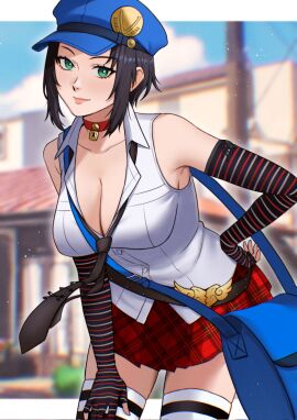 1girls armpit_crease bag bare_shoulders black_hair black_necktie blue_sky blurry blurry_background blush breasts building checkered_clothes checkered_skirt choker cleavage closed_mouth cloud cloudy_sky collarbone collared_shirt commentary cowboy_shot elbow_gloves female fingerless_gloves gloves green_eyes hand_on_own_hip highres ikhwan_maulana large_breasts leaning_forward lips lock looking_at_viewer marie_(persona_4) miniskirt necktie outdoors partially_unbuttoned persona persona_4 persona_4_the_golden pink_lips pleated_skirt red_choker red_skirt shirt short_hair shoulder_bag sidelocks skirt sky sleeveless sleeveless_shirt solo striped_clothes striped_gloves striped_thighhighs thighhighs white_shirt white_thighhighs zettai_ryouiki