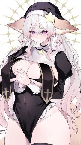 1girls 2025 :3 animal_ears annytf anoyode arms_under_breasts bare_legs bare_thighs big_breasts blush breasts clothed clothing female female_only grey_hair heart hi_res higan_(anoyode) large_breasts legs light-skinned_female light_skin long_hair looking_at_viewer nun nun_outfit original purple_eyes simple_background solo tail thick thick_thighs virtual_youtuber white_background white_hair white_skin
