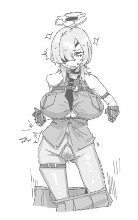 1girls ^^^ arm_belt armband ass_visible_through_thighs belt_buckle big_breasts black_gloves black_tie blue_archive bottomless breasts button_down_shirt button_gap chest_belt choker embarrassed eye_patch eyebrows_visible_through_hair eyepatch female female_pubic_hair garter_belt gloves greyscale hair_intakes hair_over_shoulder hair_over_shoulders halo human large_breasts leebongchun light-skinned_female light_skin line_art no_panties no_underwear open_mouth pubes pubic_hair pussy pussy_juice pussy_juice_drip shirt short_hair skirt skirt_down skirt_removed sleeveless sleeveless_shirt suou_(blue_archive) suprised suprised_look sweat sweatdrop sweating thigh_belt thong tie tight_clothing tight_shirt underboob vagina wardrobe_malfunction wolf_cut