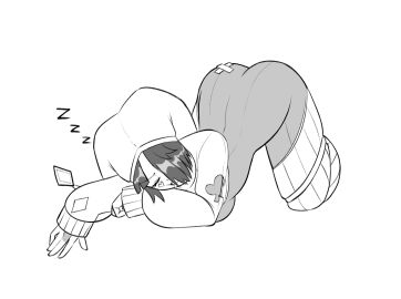 1girls ass ass_up clothed clothing female hat jack-o_pose jester jester_hat jester_outfit monochrome oc original original_character pietrosatou short_hair sleeping solo solo_female solo_focus thick_thighs thighhighs thighs