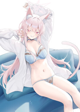 1girls akira_(blue_archive) animal_ear_fluff animal_ears animal_tail arm_above_head arm_up arms_above_head arms_up bare_belly bare_calves bare_chest bare_hands bare_hips bare_knees bare_legs bare_midriff bare_navel bare_skin bare_thighs belly belly_button blue_archive blue_bra blue_choker blue_collar blue_panties blue_sofa blue_underwear bra breasts busty busty_female calves cat_ears cat_tail choker cirilla_lin cleavage collar collarbone dot_nose exposed exposed_belly exposed_legs exposed_midriff exposed_thighs female female_only fingernails fingers frilled_bra frilled_panties frilled_underwear grin groin hair_between_eyes halo hand_above_head hand_up hands_above_head hands_up head_tilt high_resolution highres hourglass_figure knees lace-trimmed_bra lace-trimmed_panties lace_bra lace_panties lace_underwear laced_bra laced_panties laced_underwear lean_figure legs light-skinned_female light_skin long_hair looking_at_viewer medium_breasts narrow_waist navel open_clothes open_clothing open_shirt open_topwear panties pink-eyed_female pink-haired_female pink_eyebrows pink_eyes pink_hair pink_halo seven_prisoners_(blue_archive) shirt simple_background sitting slender_body slender_waist slim_female slim_waist smile smiley_face smiling smiling_at_viewer smirk sofa solo thick_thighs thighs thin_waist tilted_head unbuttoned unbuttoned_shirt underwear upper_body v-line white_background white_shirt white_topwear wide_hips