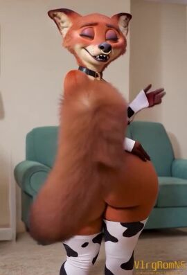 ai_generated animated anthro anus_peek armwear ass bedroom_eyes big_butt black_lipstick bubble_butt canid canine clothing cow_print_bikini cow_print_elbow_gloves cow_print_thighhighs cowbell dancing disney facial_piercing femboy fox furniture furry huge_butt legwear lipstick living_room makeup male mammal narrowed_eyes nick_wilde nose_piercing piercing seductive shaking_butt sofa solo tagme teasing video vlrgromns zootopia