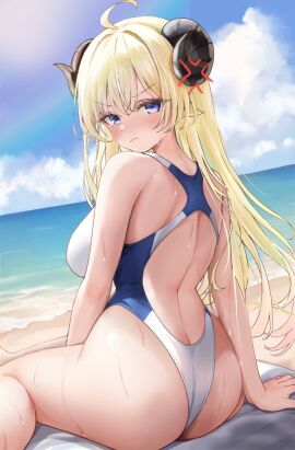 ahoge alternate_costume anger_vein angry arm_support ass beach big_ass big_butt black_horns blonde_hair blue_eyes blue_one-piece_swimsuit blue_sky blush breasts closed_mouth cloud cloudy_sky competition_swimsuit curled_horns day derk_maxx female from_behind frown highleg highleg_one-piece_swimsuit highres holoforce hololive hololive_japan horizon horns large_ass large_breasts large_butt long_hair looking_at_viewer looking_back ocean one-piece_swimsuit outdoors pout sheep_girl sheep_horns shore sitting sky solo swimsuit thick_hips tsunomaki_watame two-tone_swimsuit v-shaped_eyebrows very_long_hair virtual_youtuber water water_drop wet wide_hips yokozuwari