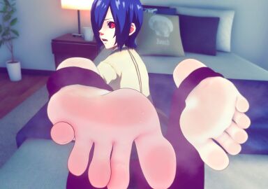 1girls bangs barefoot blue_hair bob_cut embarrassed feet feet_up female foot_fetish foot_focus kirishima_touka long_toes meaty_soles mouth_open red_eyes short_hair smelly_feet soles solo solo_female stirrup_legwear stirrup_socks tagme toes tokyo_ghoul