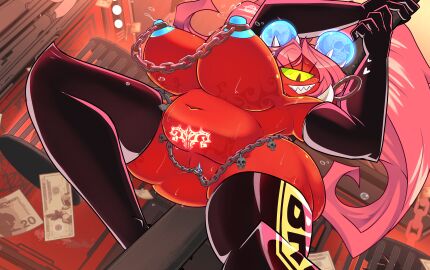 1_eye 2girls absurdres banknote black_eyes black_footwear black_gloves blue_nipples body_freckles boots borrowed_character cacodemon cage chains clothes_writing colored_nipples colored_sclera colored_skin commentary cookie_demon_(robotjoe) cyclops demon demon_girl doom_(series) doom_eternal dutch_angle elbow_gloves falling_money female freckles gloves green_sclera grin hair_bobbles hair_ornament highres horns indoors looking_at_viewer money multiple_females multiple_girls navel nipples nude personification pink_hair pole pole_dancing pubic_tattoo pussy pussy_piercing red_skin samuel_hayden_(doom) sharp_teeth shoulder_spikes skull slit_pupils smile solo_focus spikes squareofthelightones stage_lights stripper_pole sweat tattoo teeth thigh_boots twintails uncensored variant_set