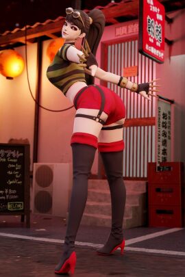 1girls 3d ass big_ass big_breasts breasts brown_hair choi_bounge clothed cosplay costume earrings female from_behind genderswap genderswap_(mtf) glasses glasses_on_head gloves heels high_heels king_of_fighters legwear light-skinned_female light_skin looking_back night pale-skinned_female pale_skin red_eyes round_glasses rule_63 shirt shorts skyarsenic smile street tall tall_female thighs thin_waist tied_hair