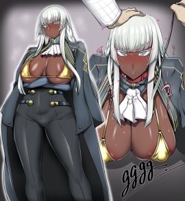 1boy 1girls areola_slip areolae_slip arms_crossed arms_crossed_under_breasts arms_under_breasts artist_name atlus big_breasts bikini_top blunt_bangs blush breasts breasts_out brigitta_lycaon buckle busty buttons cleavage closed_mouth clothed collar dark-skinned_female dark_skin eyebrows eyelashes eyes_visible_through_hair facial_markings female female_focus frown gggg gold_bikini gold_bikini_top golden_bikini golden_bikini_top grey_background grey_jacket grey_pants hand_on_another's_head happy happy_female happy_sub headpat heart heart-shaped_pupils hearts_around_head hetero high-waist_pants holding_leash huge_breasts interracial jacket jacket_open japanese_text large_areolae large_breasts leash leash_and_collar leash_pull leashed leashed_collar light-skinned_male light_skin long_hair long_sleeves looking_at_viewer looking_down looking_pleasured looking_up male male/female metaphor:_refantazio micro_bikini_top mostly_clothed multiple_views neck_ruff nipples_visible_through_clothing pants pov pov_eye_contact pov_hands pov_male red_collar sagging_breasts shiny_clothes shiny_skin sidelocks sound_effects standing string_bikini sweat sweaty sweaty_breasts thick tsundere underboob uniform watermark white-haired_female white_eyelashes white_eyes white_hair will_(metaphor:_refantazio)