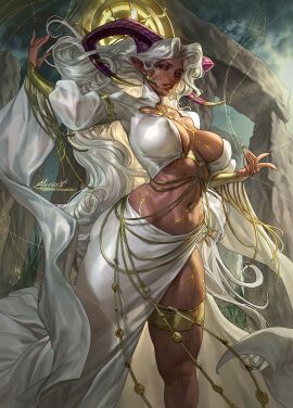 absurdres aleriia_v artist_logo artist_name artist_signature artistic ass athletic athletic_female belly belly_button big_breasts big_legs big_thighs breasts breasts_bigger_than_head commission covering dark-skinned_female dark_skin earring earrings eyebrows fantasy female female_focus female_only genevieve_gallaway goddess goddess_dress gold_lipstick golden_accessories golden_eyes golden_lipstick graceful hair highres hips horn horns huge_ass huge_boobs huge_breasts huge_legs huge_thighs knife_ears legs lerapi lipstick long-haired_female long_hair long_horn long_horns magic magic_user mature mature_female mature_woman muscular muscular_thighs nipple_bulge nipple_outline nipples nipples_outside nipples_visible_through_clothing non-nude original outline outlines pointy_ears revealing revealing_clothes revealing_clothing revealing_outfit robe thick_legs thick_thighs thighs tummy very_long-haired_female very_long_hair white-haired_female white_clothes white_clothing white_hair white_robe wide_hipped_female wide_hips yellow_eyes yellow_lips yellow_lipstick
