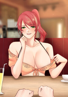 1boy 1girls booth cleavage date day_an diner female green_eyes imminent_sex long_hair male pov pyrrha_nikos red_hair restaurant rwby solo_focus table tagme teasing