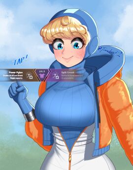 1girls apex_legends big_breasts blonde_hair blue_eyes blush breasts english_text female female_only gameplay_mechanics hi_res lichtenberg_figure scar solo text timeless-t wattson_(apex_legends)