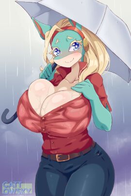 big_breasts breasts cattowsky cleavage female huge_breasts ippan_josei jpeg my_hero_academia raining umbrella