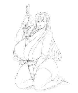 badass breasts cleavage cleavage_overflow female franktonius hawatari_eiko holding_weapon huge_breasts japanese_clothes katana original_character sexy tsundere voluptuous_female