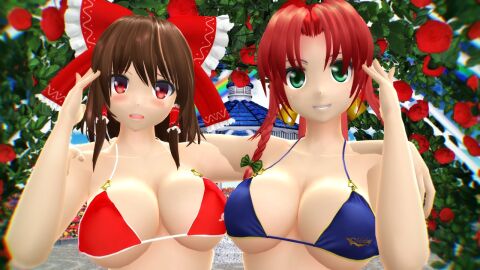 2024 2girls 3d adult_female arms_on_shoulders bikini bikini_top blue_bikini_top blue_sky blush breasts brown-haired_female clavicle cleavage clipping clouds duo_female duo_focus earrings female garden green-eyed_female green_bowtie hati_yukkuri_mmd hong_meiling human jpeg light-skinned_female long-haired_female looking_at_viewer mmd one_arm_up open_mouth outdoors rainbow red-eyed_female red-haired_female red_bikini_top red_ribbon reimu_hakurei short-haired_female sky smiling_at_viewer swimsuit tied_hair touhou uncanny_valley yellow_ribbon youkai