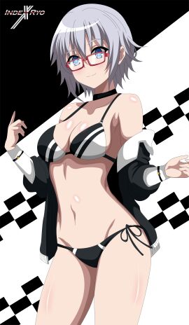 2d belly belly_button bikini blue_eyes breasts date_a_live female glasses grey_hair honjou_nia indexryo light-skinned_female light_skin racing_suit short_hair solo solo_female thighs