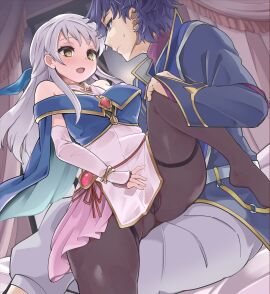 1boy 1girls alternate_costume bed blue_eyes blue_hair breasts bridal_gauntlets cape dress female fire_emblem fire_emblem:_radiant_dawn grey_hair hatoboshi imminent_sex indoors legs long_hair male medium_breasts micaiah_(fire_emblem) nintendo official_alternate_costume on_bed open_mouth pantyhose partially_visible_vulva pelleas_(fire_emblem) pelvic_curtain pussy short_hair silver_hair spread_legs thighs window yellow_eyes